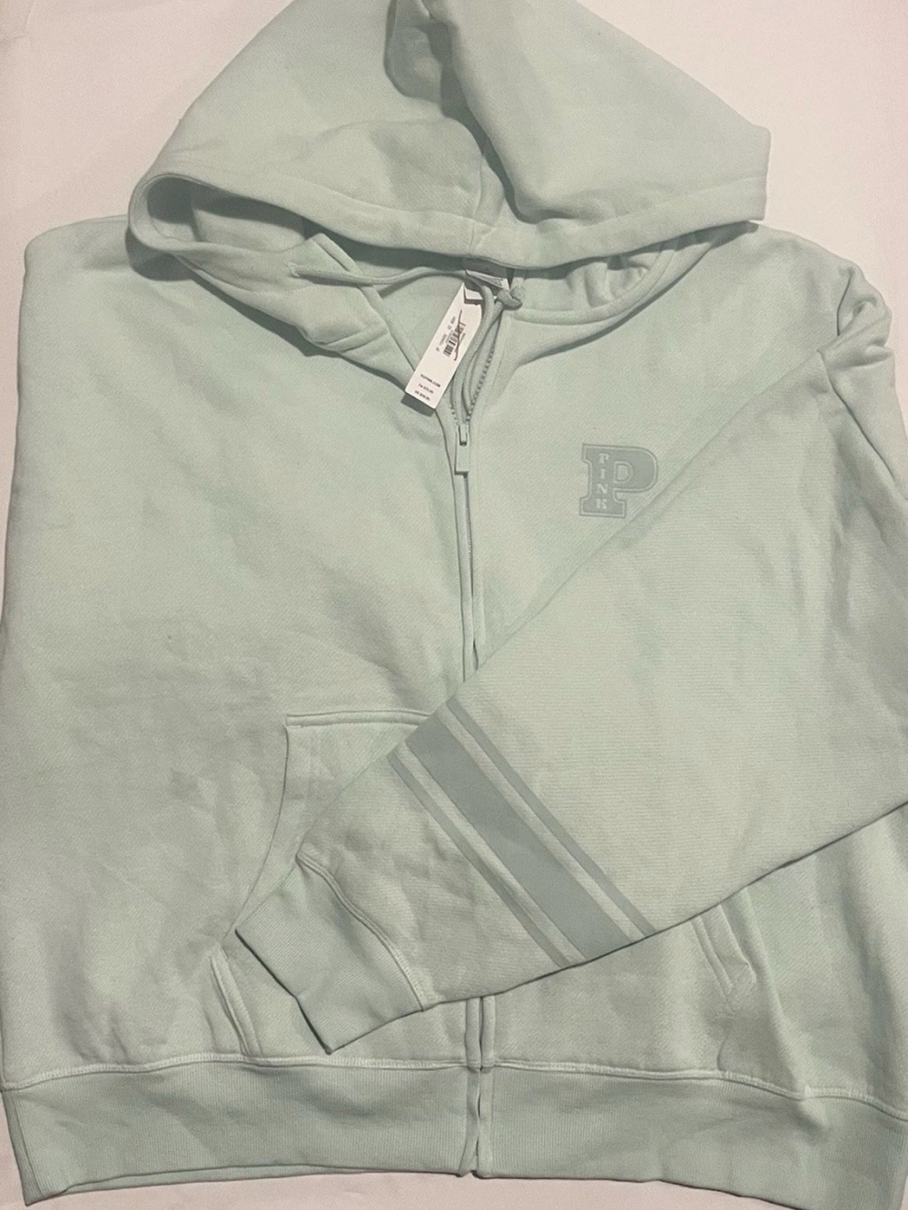 New Victoria’s Secret PINK (L) Full Zip Logo Hoodie drawstrings Mint Green NWT